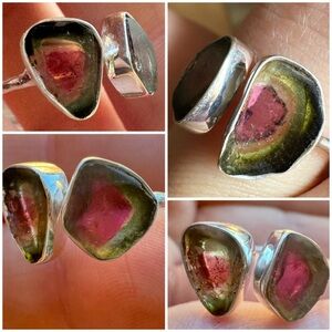 Rare!8.9CTW Custom made solid sterling genuine watermelon tourmaline slices ring